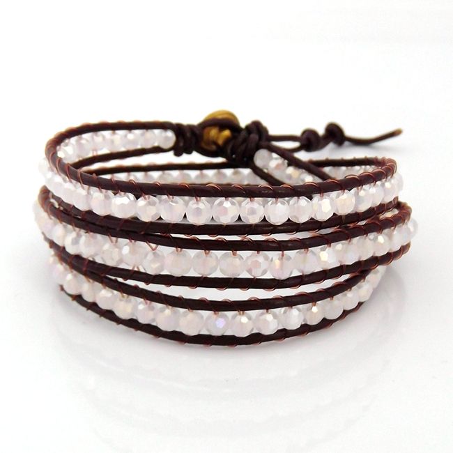 Brown Leather White Gloss Crystal Triple Wrap Bracelet