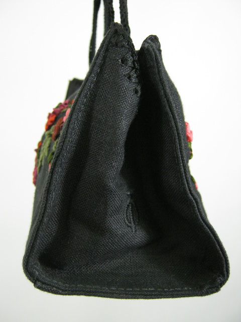Tote Le Monde Black Linen Floral Mini Baguette Handbag