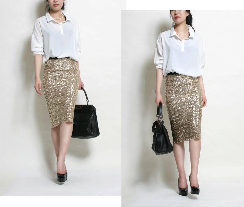 High Waist Style Bandage Sequin Skirt Pencil Line Gold