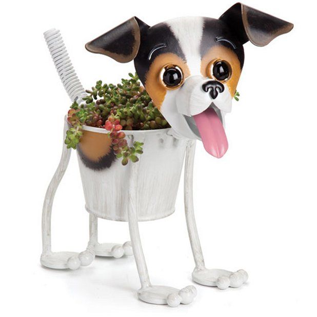 Adorable Jack Russell Mini Bobblehead Metal Dog Planter Stand Home