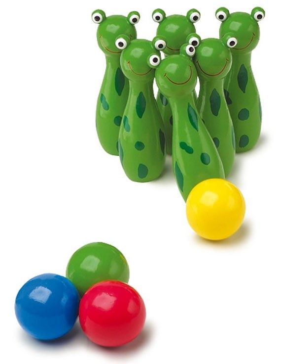 KINDER KEGELSET KEGEL SET KEGELN HOLZKEGEL FROSCH 10tlg