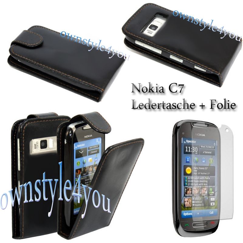 Ledertasche für Nokia C7 lederhülle case + Folie black