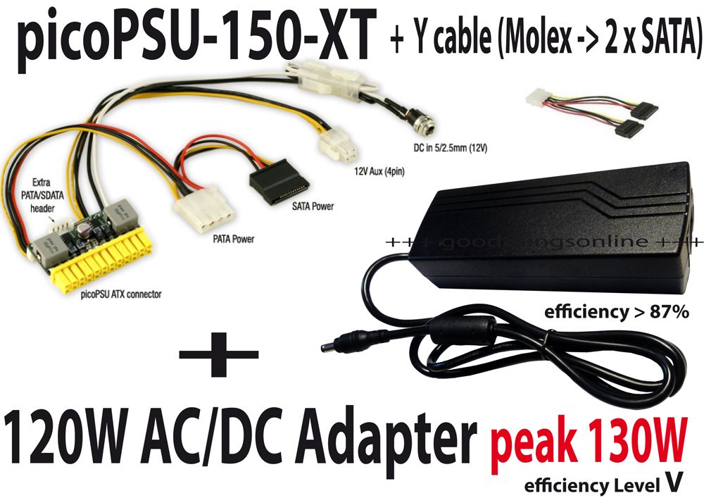 picoPSU 150 XT + 120W Adapter + Y Kabel (Molex   2 x SATA) mini ITX