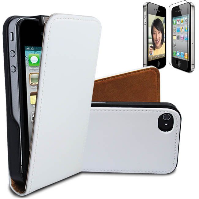 WHITE GENUNIE LEATHER MAGNETIC FLIP CASE FOR APPLE IPHONE 4S 4G 4