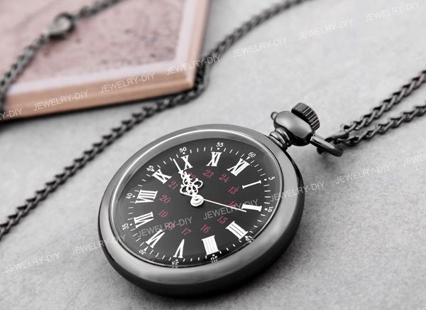 45mm Schwarz Rund Kettenuhr Kette Taschenuhr Umhängeuhr TOP